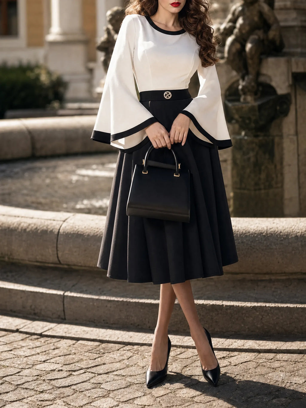Vintage Black White Contrast Bell Sleeve Midi Dress