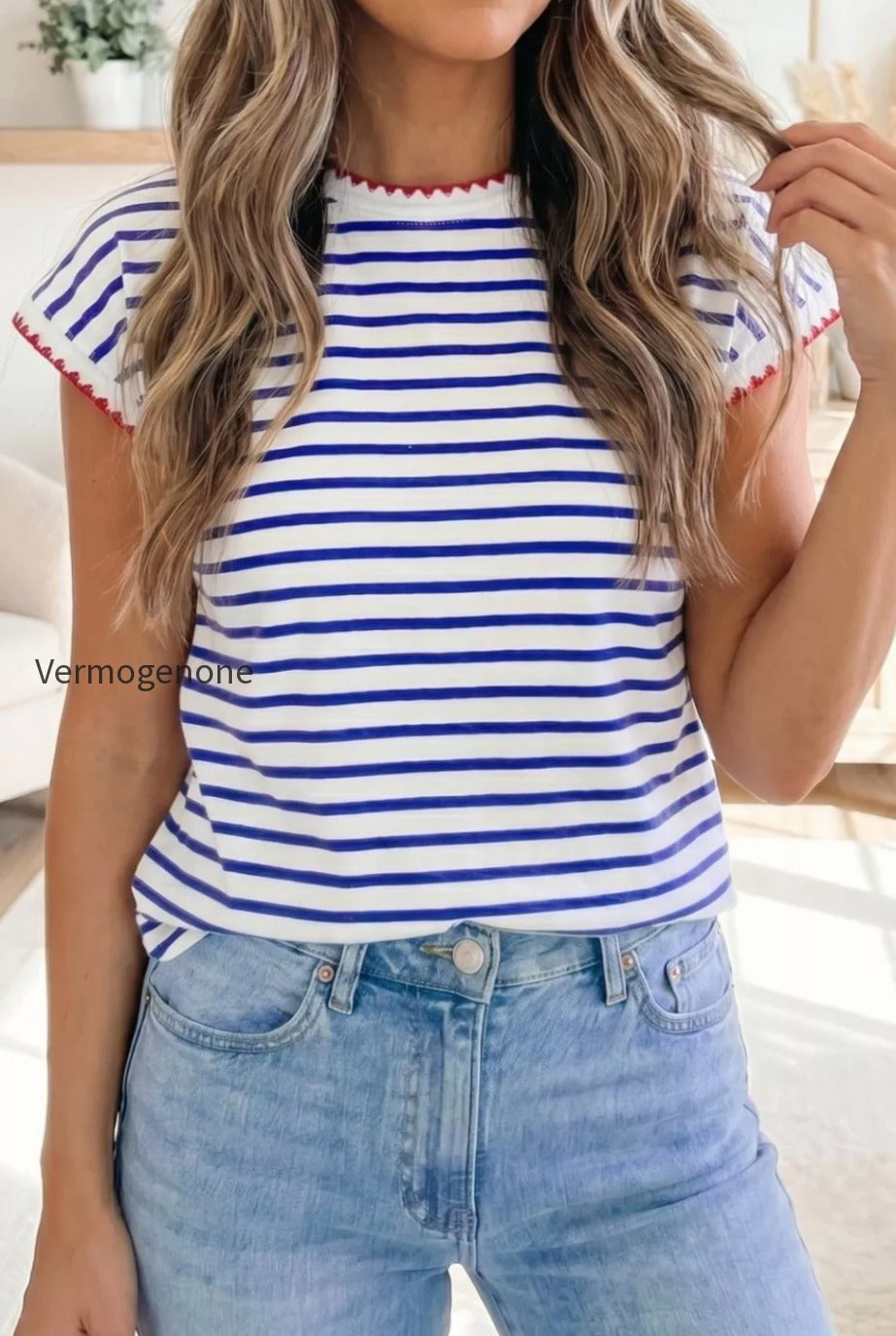 stripe-contrast-trim-round-neck-cap-sleeve-tee