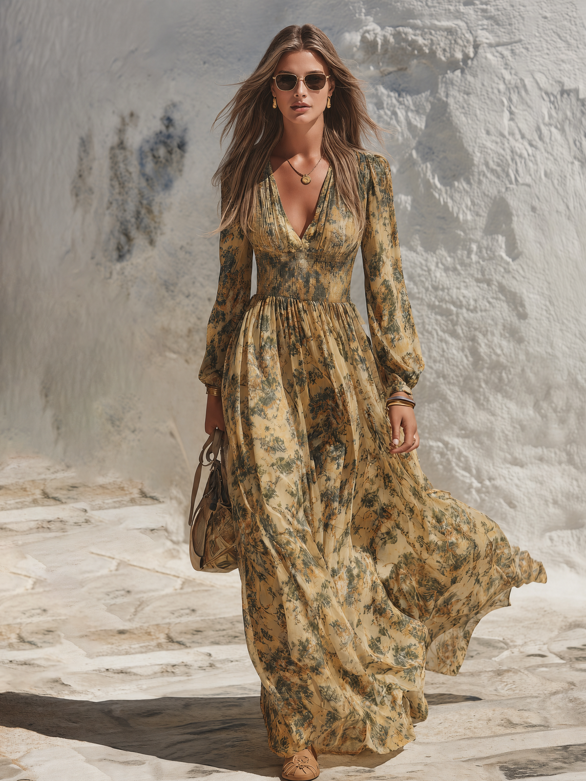 Resort-style V-neck Long-sleeved Abstract Print Maxi Dress