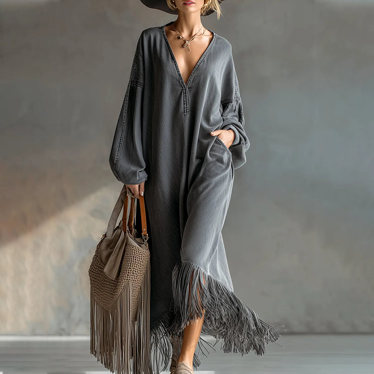 Retro Elegant Silhouette Gray Denim Fringe Long-Sleeved Maxi Dress