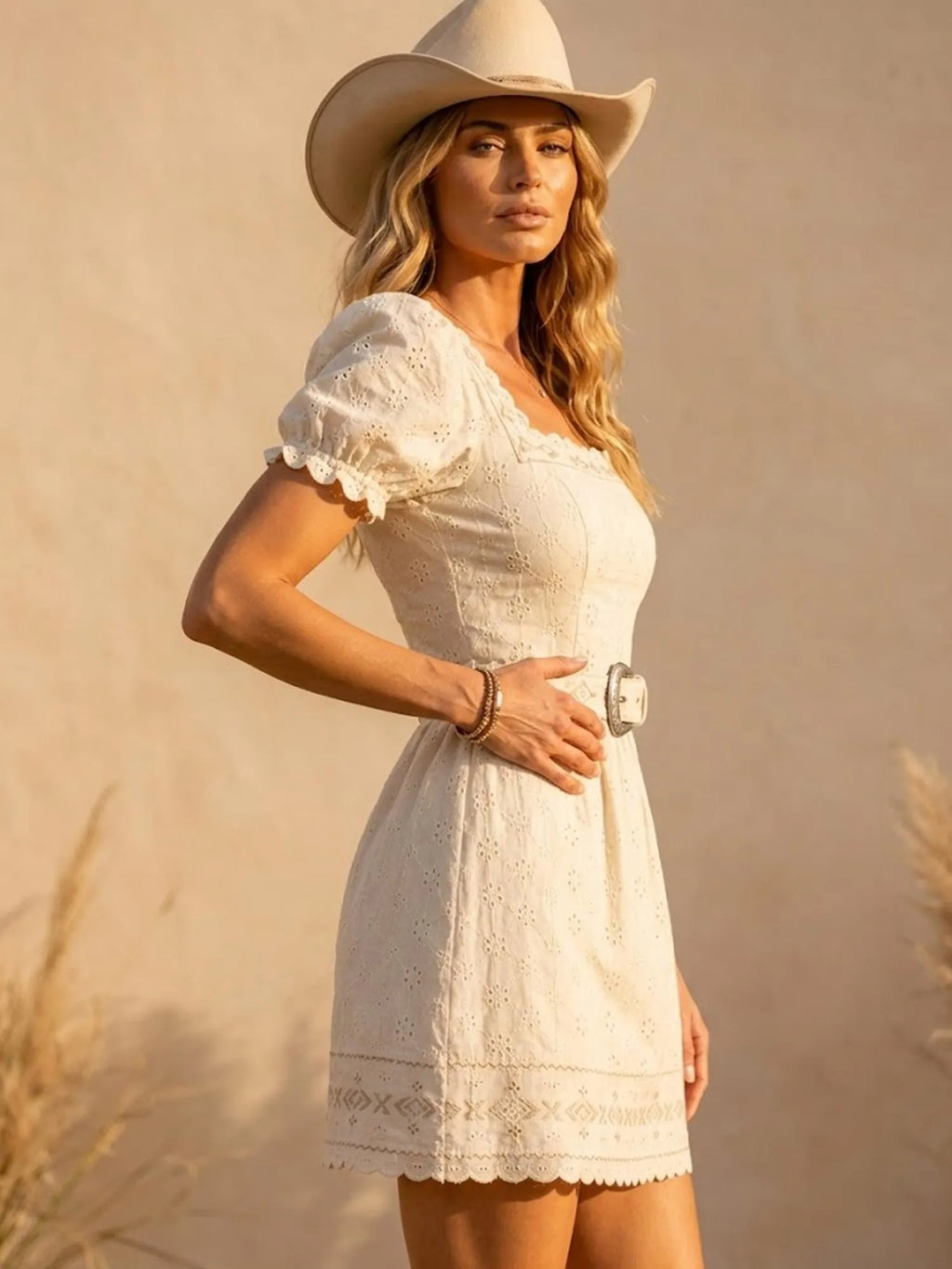 Perfect for Country Music Festivals and Outdoor Parties, Ivory White, Eyelet Embroidery Square Neck Puff Sleeves with Belt, Comfortable Breathable Cotton-Blend, 2026 Spring/Summer Women's Cinch-Waist A-Line Mini Dress