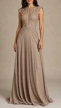 Taupe Cap‐Sleeve Lace Applique Chiffon Formal Gown