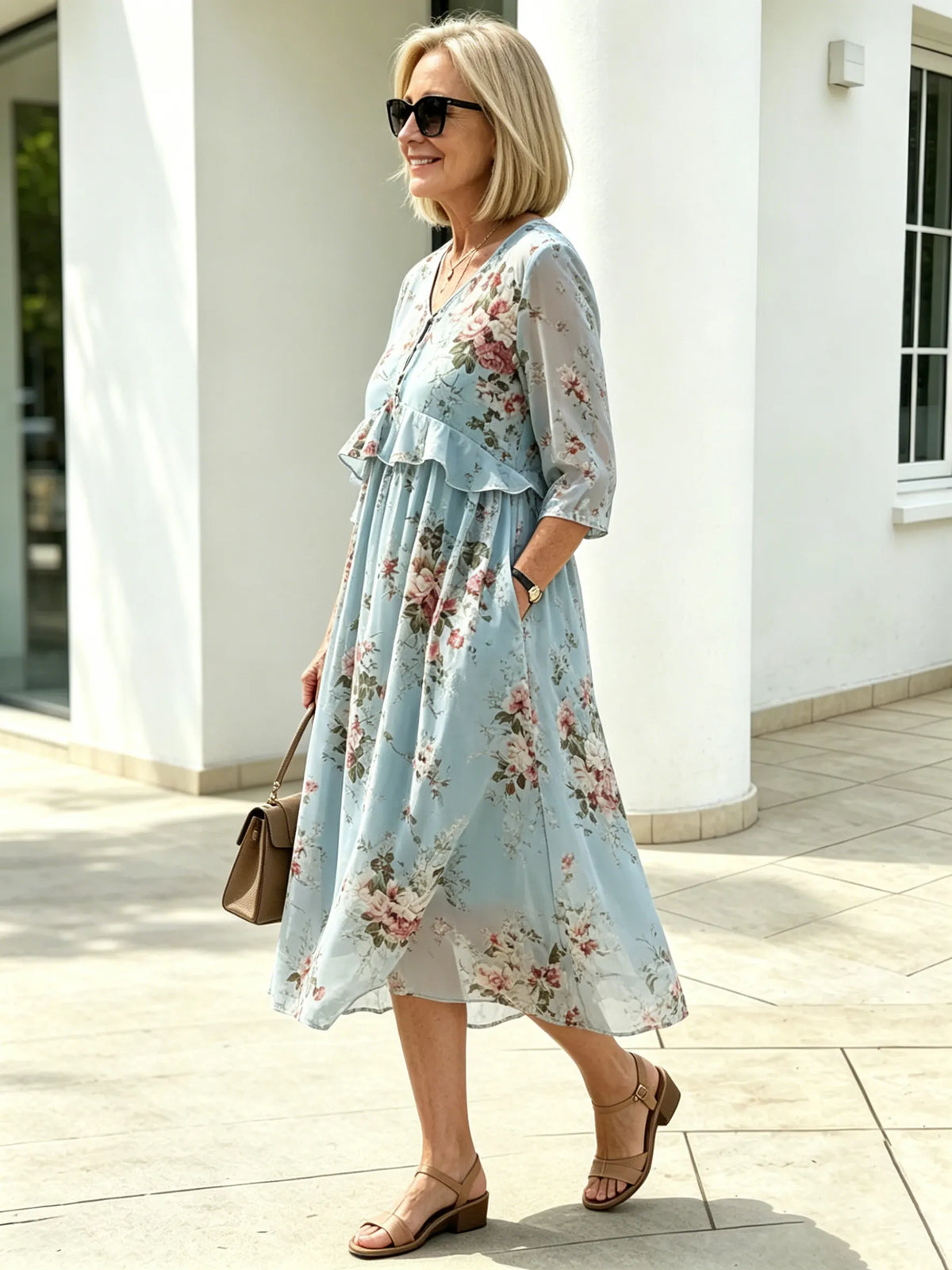 Blush Pink Floral Chiffon Maxi Dress, Round Neck Short Sleeve Loose Tummy Concealing Age-Reducing Dress for Mature Women