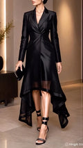 Black Satin High‐Low Blazer Dress