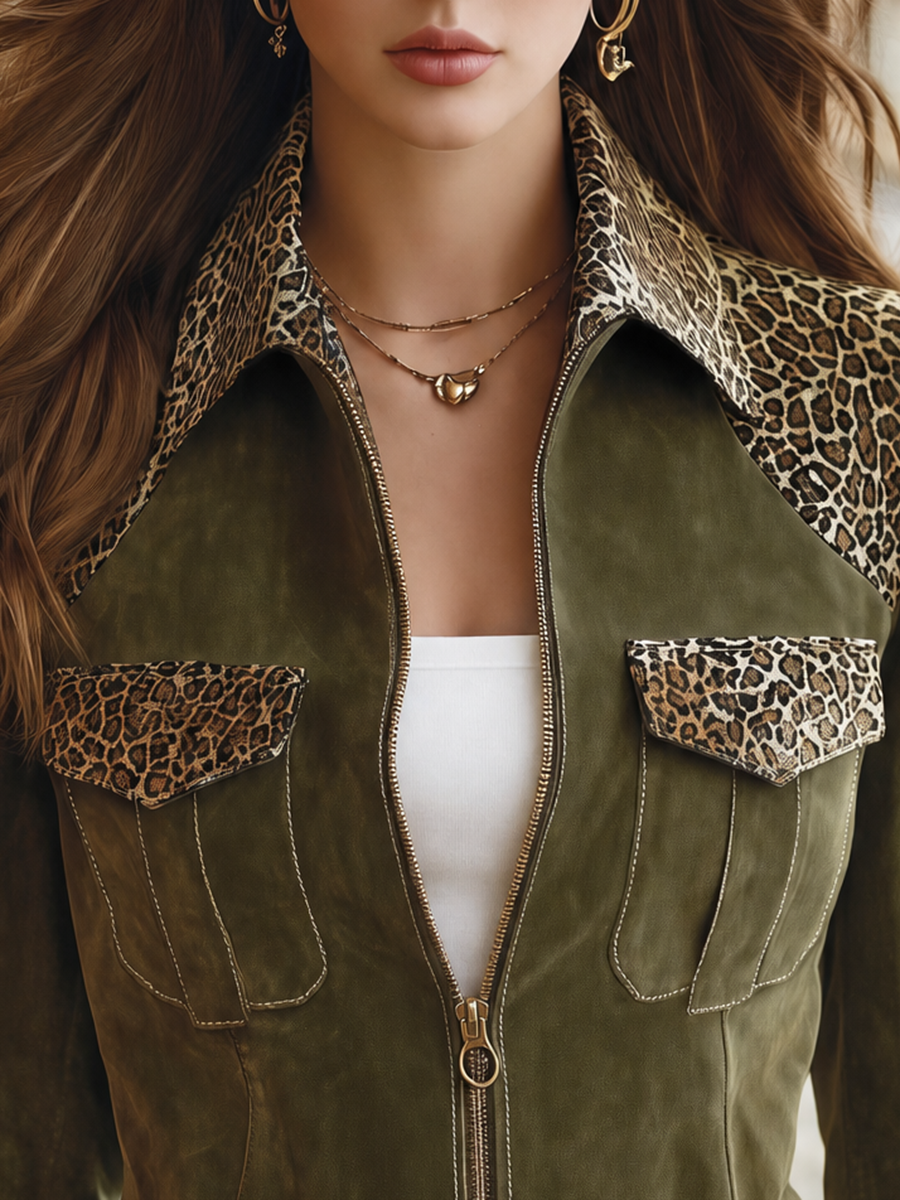 Resort-style Collared Long-sleeved Leopard Print Patchwork Jacket