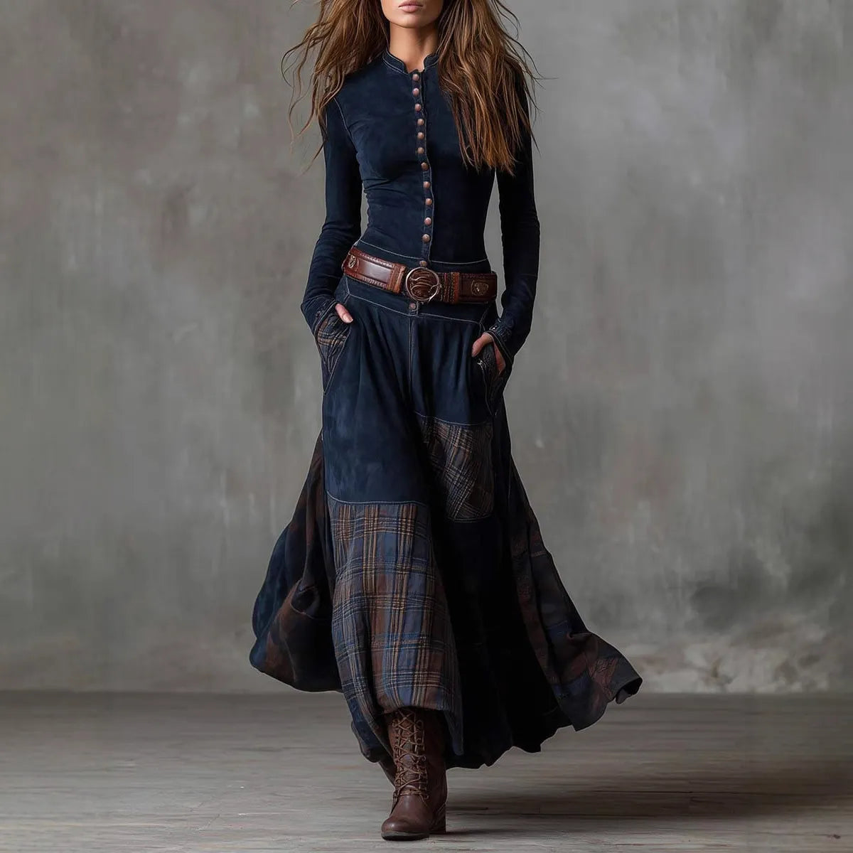 Suede Plaid Patchwork Vintage-Style Dress With Pockets, Button-Up Front, And Belted Waist