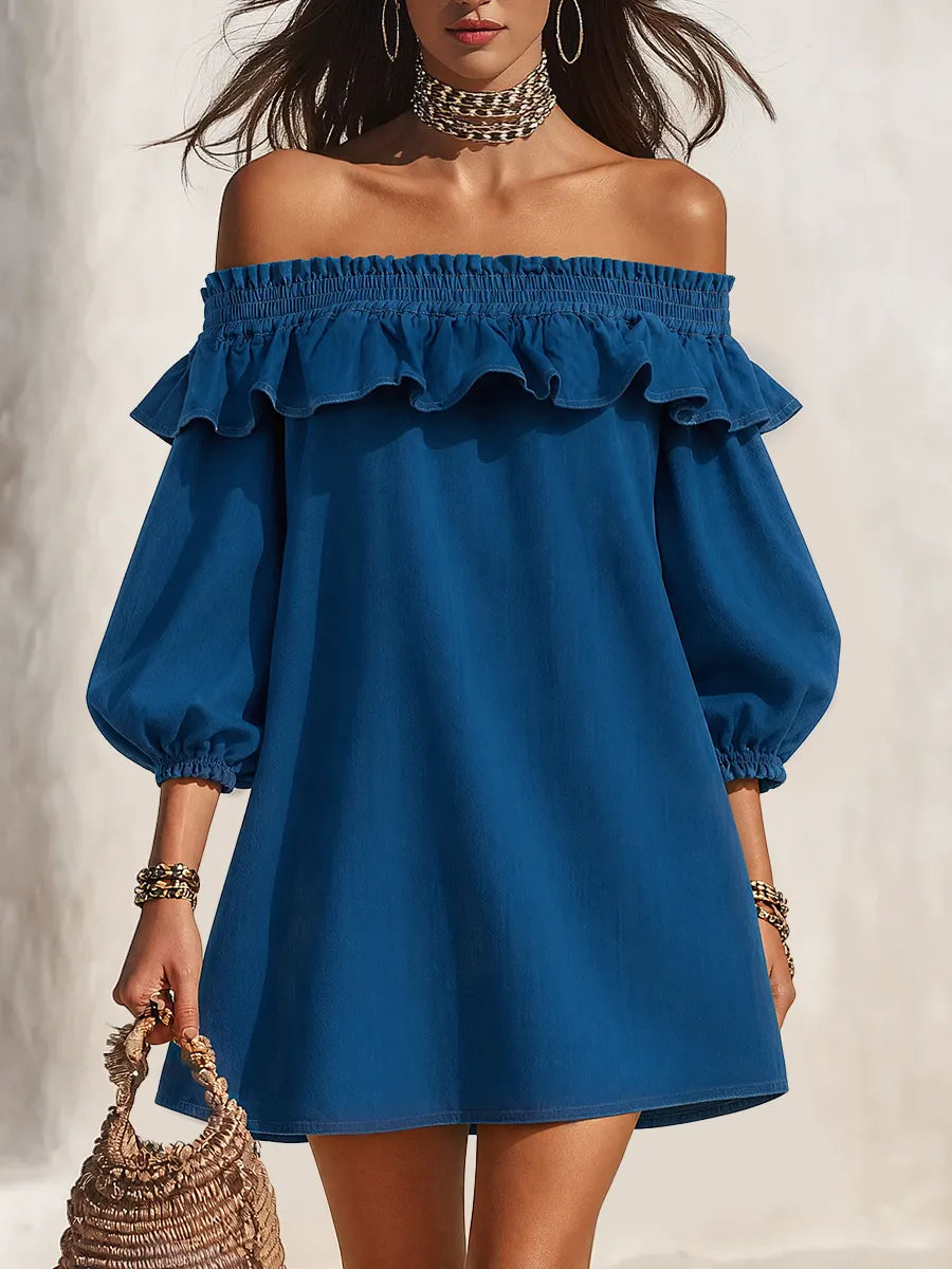 Resort-style off-the-shoulder ruffled three-quarter sleeve denim mini dress