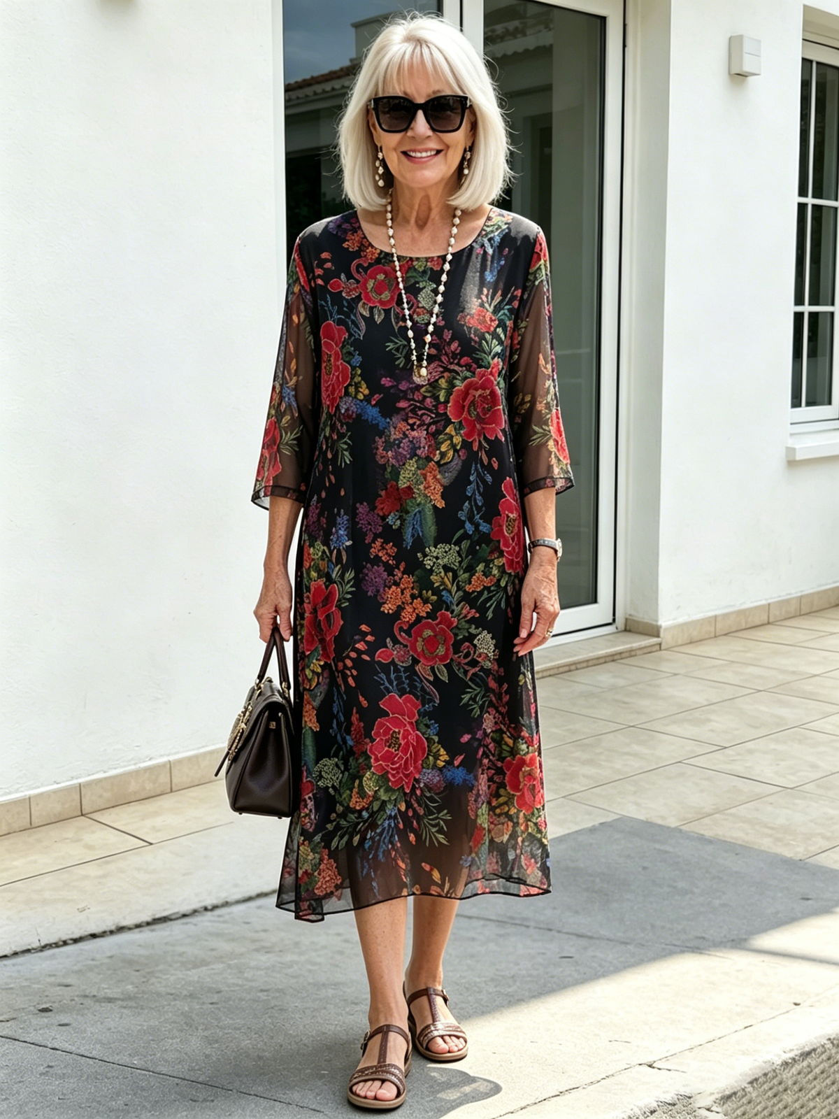 Black Floral Chiffon Midi Dress, Loose Tummy Hiding 3/4 Sleeve Printed Dress for Mature Women