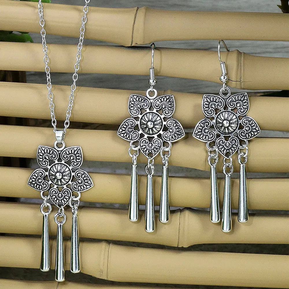 Female Bohemian Tassel Pendant Diamond Earrings Necklace Suit