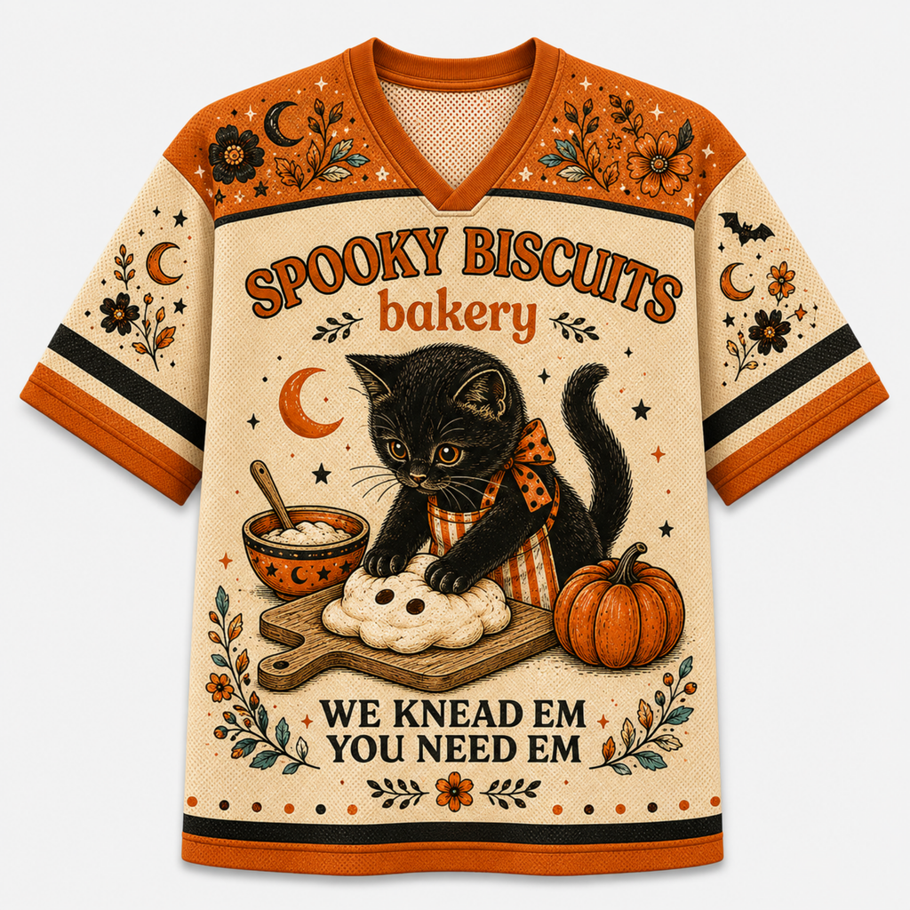 Chaotic Club Black Cat Spooky Biscuits Bakery Mesh Jersey
