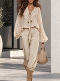Elegant Flowing Versatile Tie-front V-neck Flared Sleeves Beige Chiffon Blouse And Pants Set