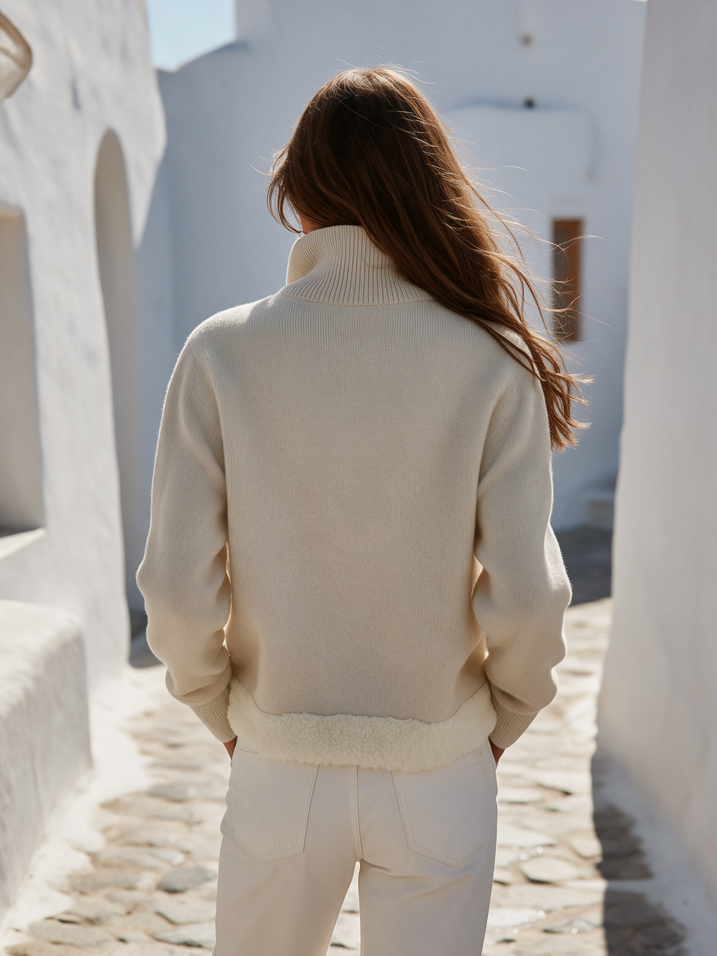 Old Money Casual Vibe Off White Fleece Trim Zip‑Up Knit Cardigan