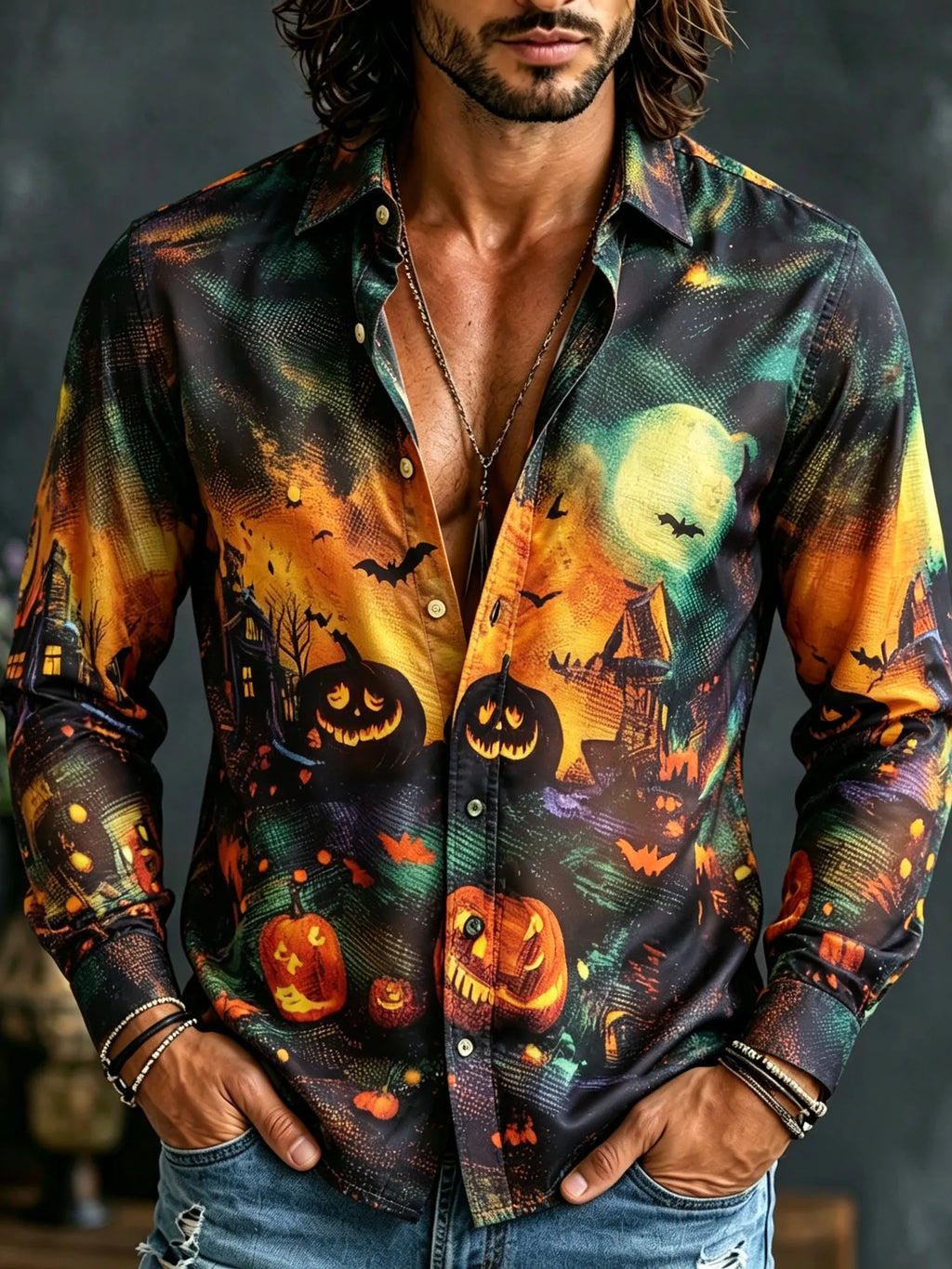Men's Retro Halloween Pumpkin Bat Castle Print Long-sleeve Shirt