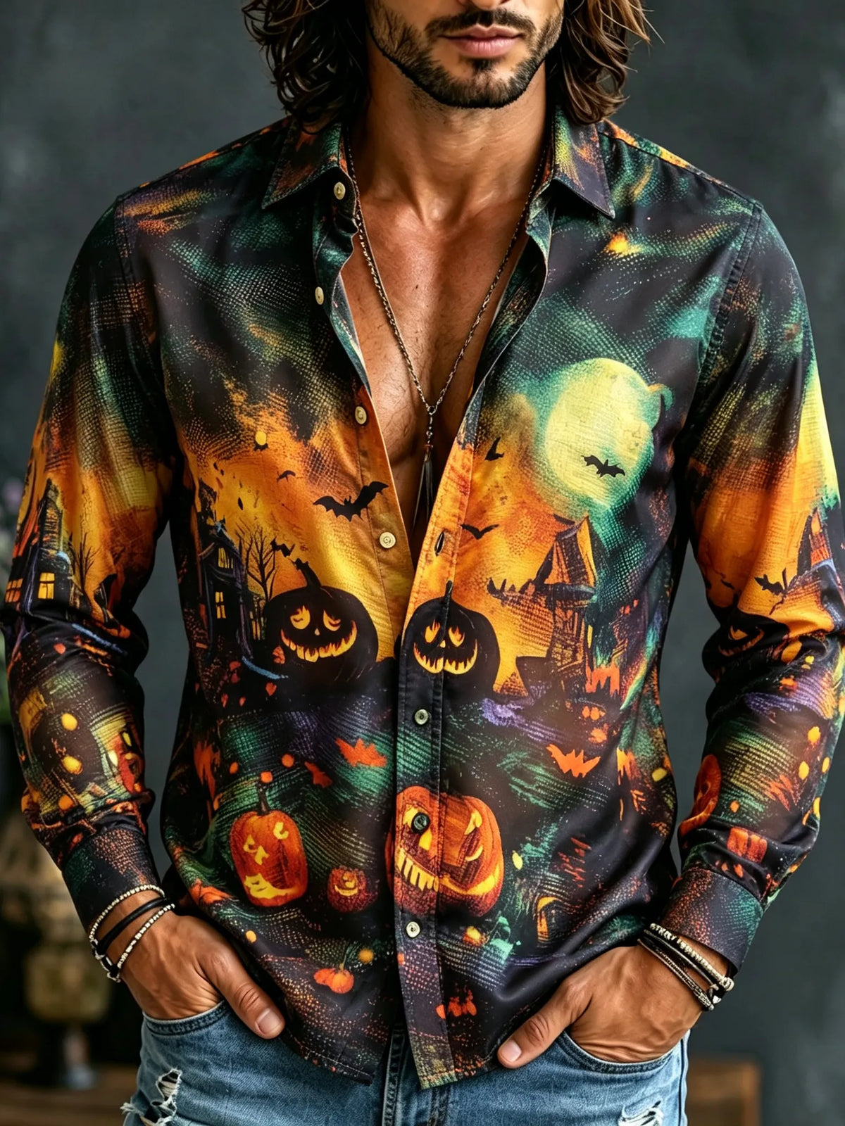 Men's Retro Halloween Pumpkin Bat Castle Print Long-sleeve Shirt