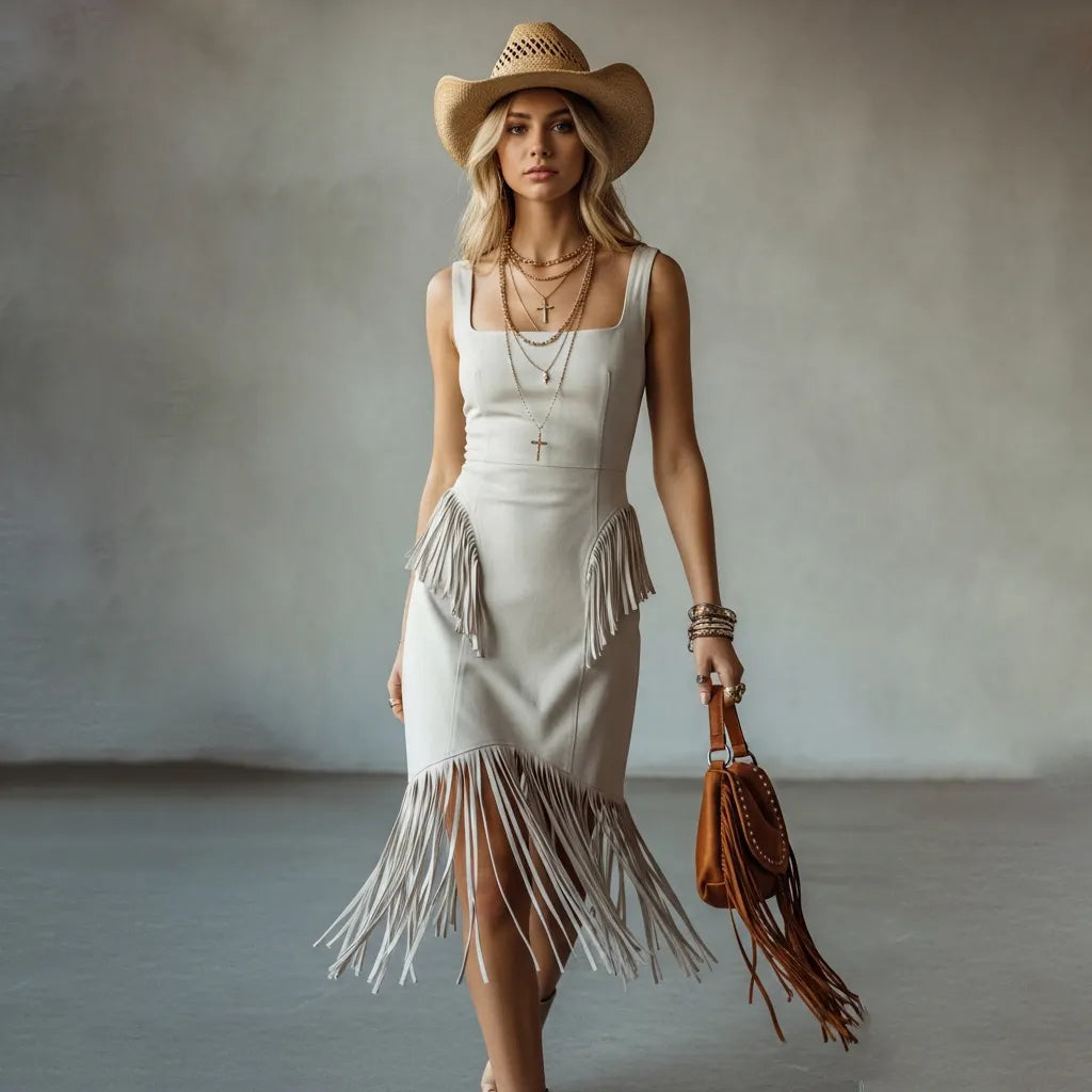 Women's Western Suede Mini Dress — Navy & Cream, Square Neck, Wide Straps, Sleeveless, Fitted Waist, Fringe Hem