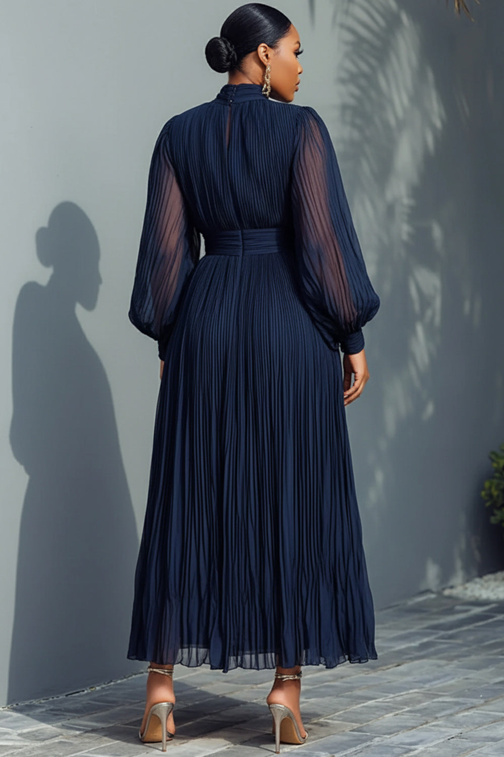 Navy Blue Mock Neck Lantern Sleeve Long Sleeve See Through Elegant Ruffled Midi Dresses
