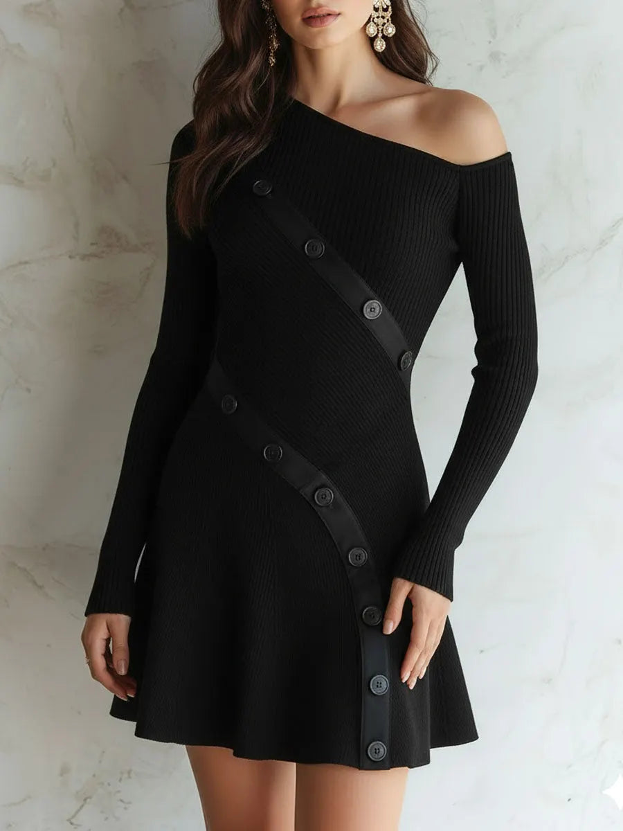Asymmetric Off-Shoulder Black Ribbed Knit Mini Dress