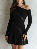 Asymmetric Off-Shoulder Black Ribbed Knit Mini Dress