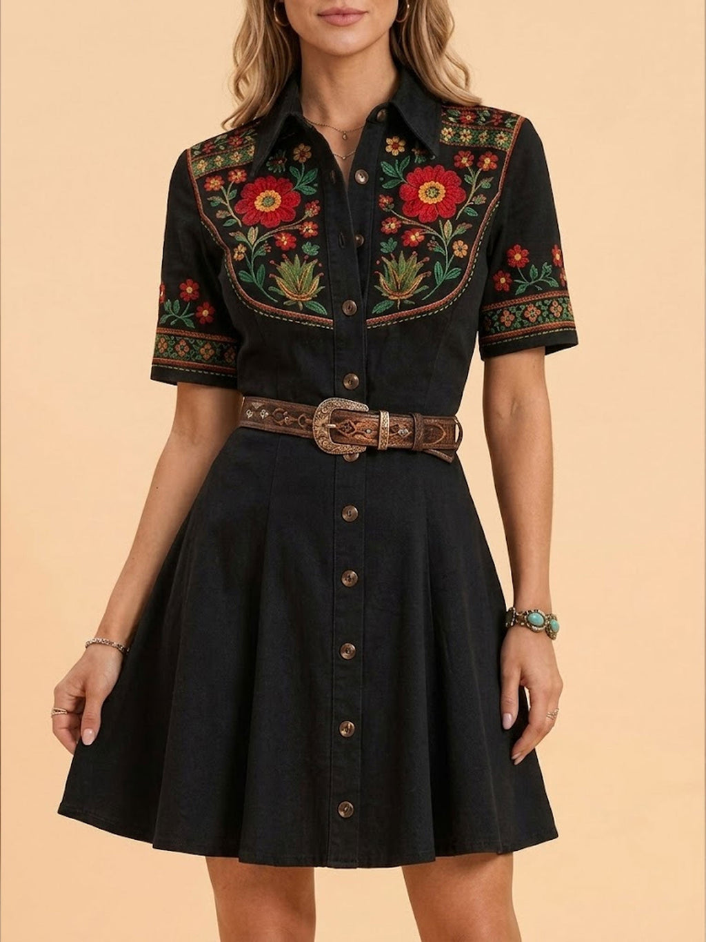 2026 S/S Dark Vintage Aesthetic — Black Heavy Floral Button-Down A-Line 100% Cotton Mini Dress