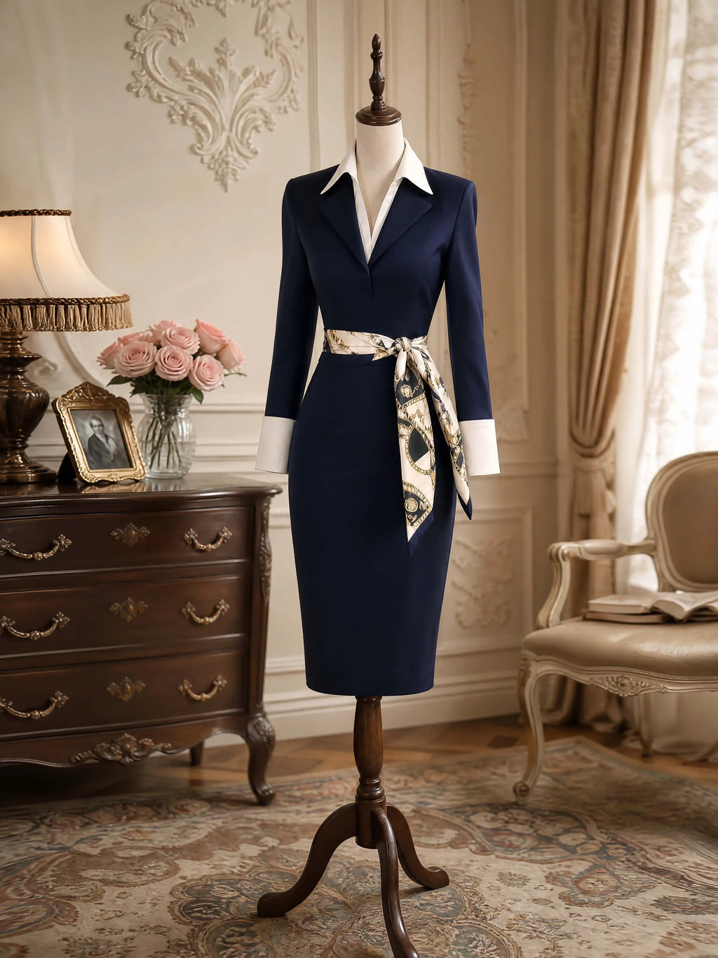 Vintage Lapel Belted Bodycon Midi Dress