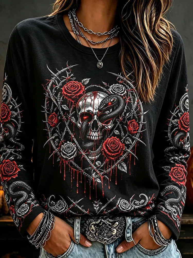 Women's Halloween Gothic Print Crew Neck Long Sleeve T-shirt