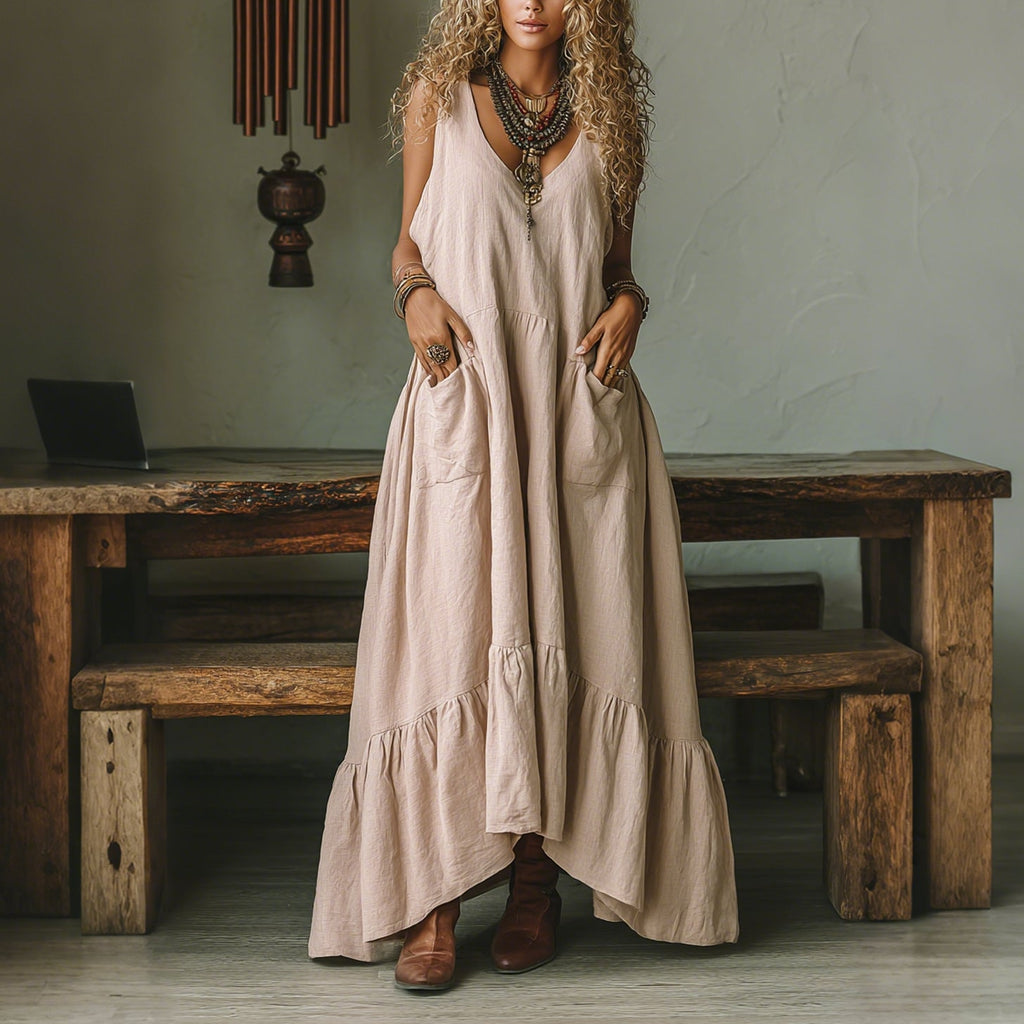 Elegant V-neck Linen Oversized Comfortable And Breathable Vest Dress