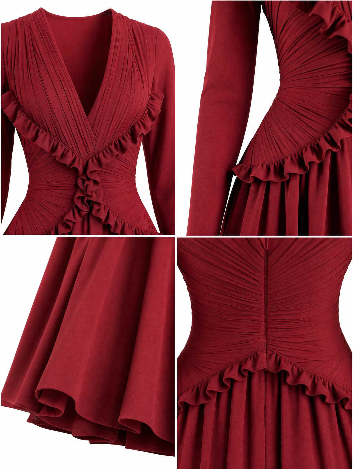 Vintage Wine Red Waist-Cinched Midi Swing Dress