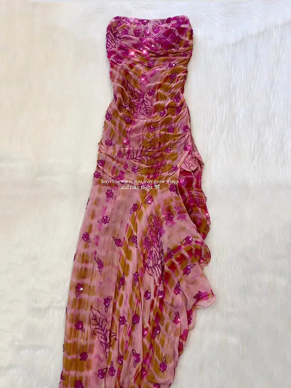 Sequinned Flower Embroidered printed Tube Sleeveless asymmetric Evening Maxi Dresses