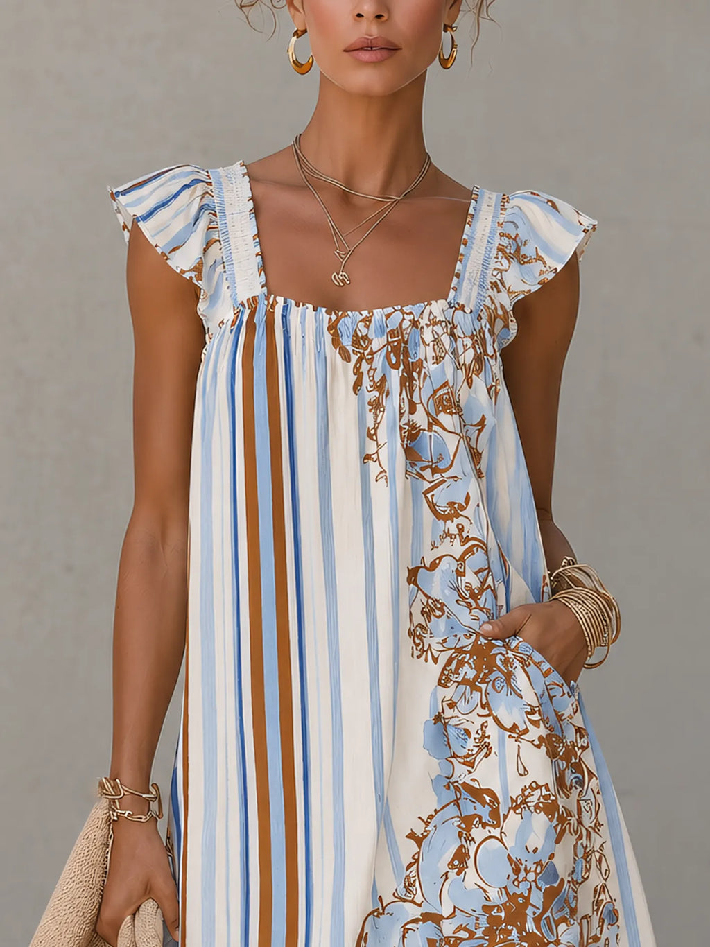 White Striped Ruffle Sleeves Floral Mini Dress
