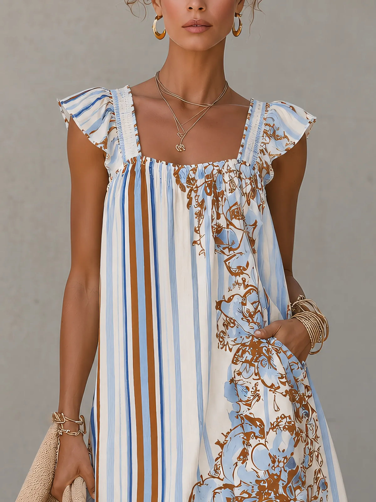 White Striped Ruffle Sleeves Floral Mini Dress