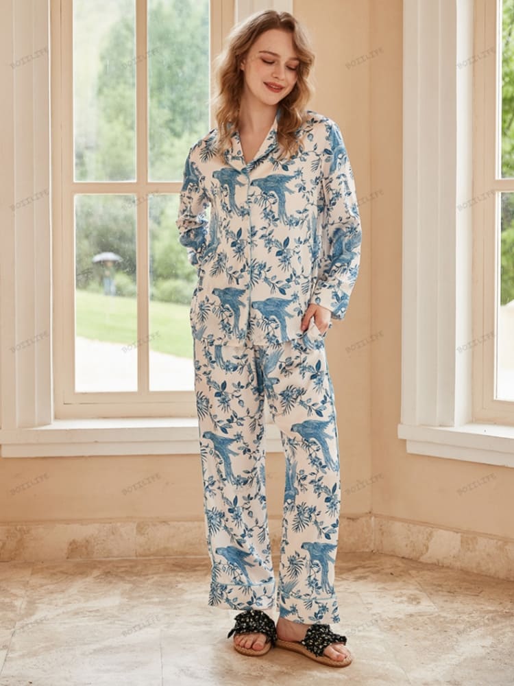 Parrot Print Ice Silk Long-Sleeve Pajama Loungewear Set