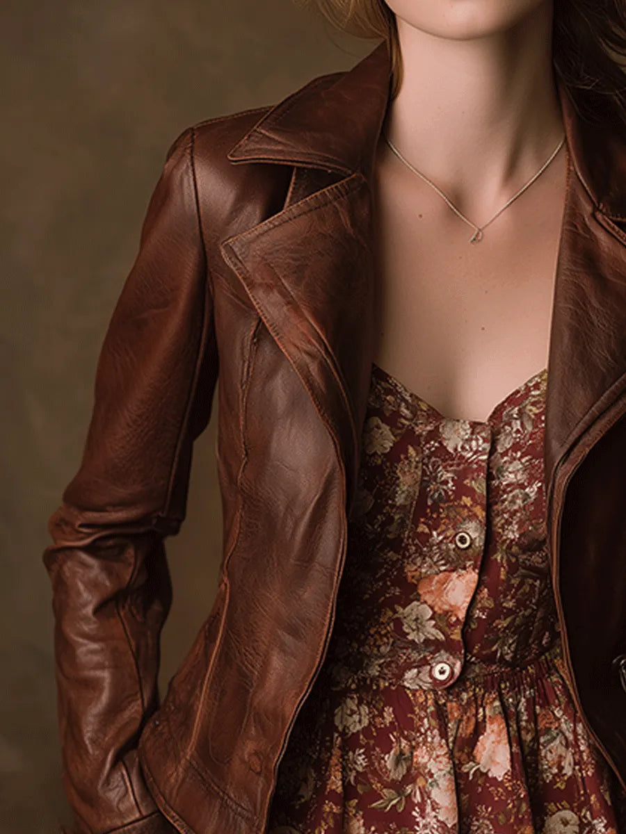 Autumn Romantic Brown Vintage Faux Leather Cropped Jacket