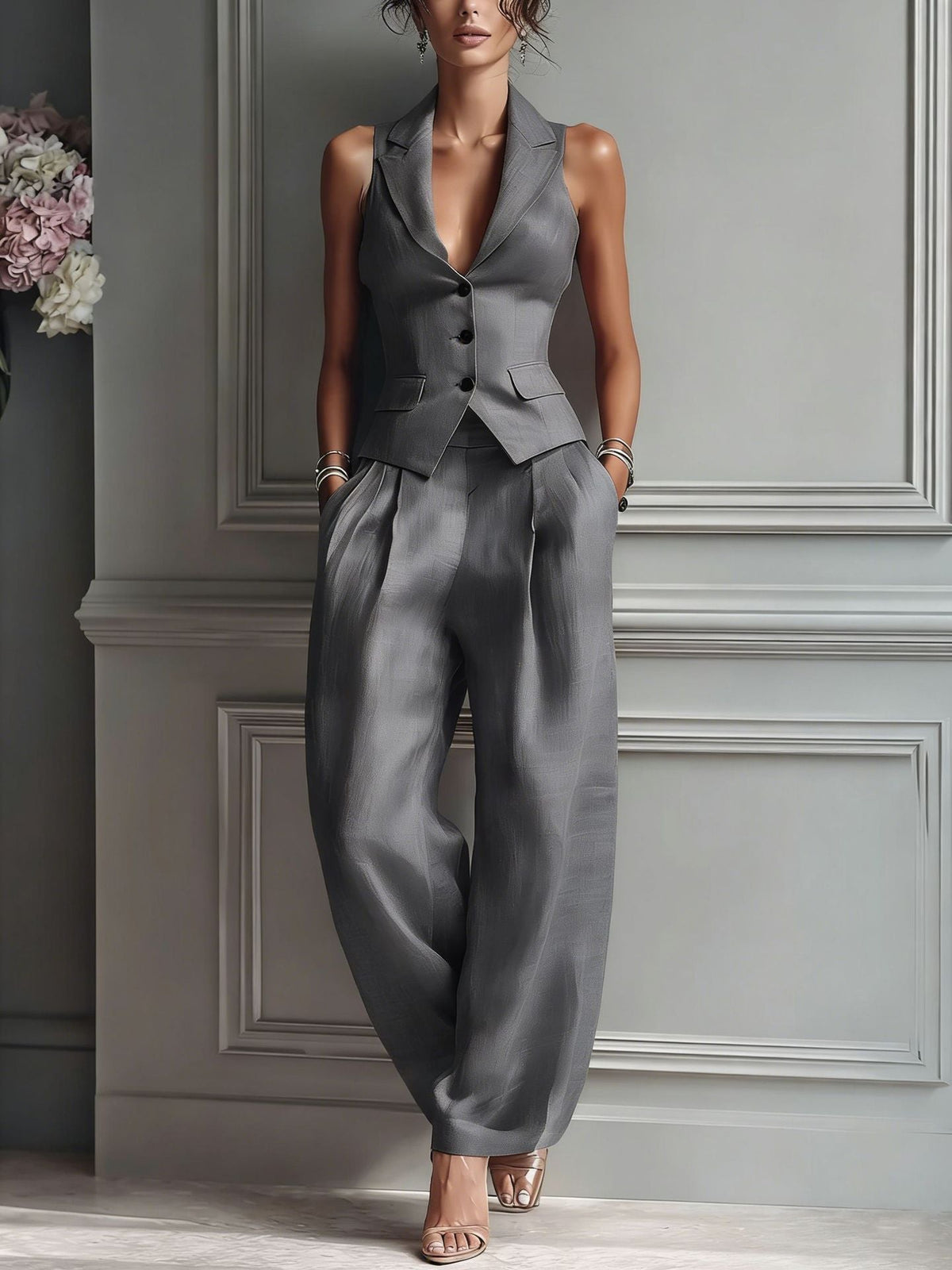 Elegant 2-Piece Tailored Vest and Wide-Leg Trousers Set