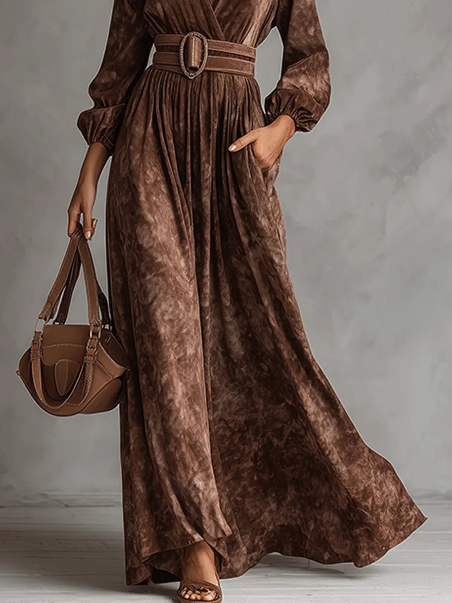 Bohe V-Neck Chocolate Color Belted Print Maxi Dress