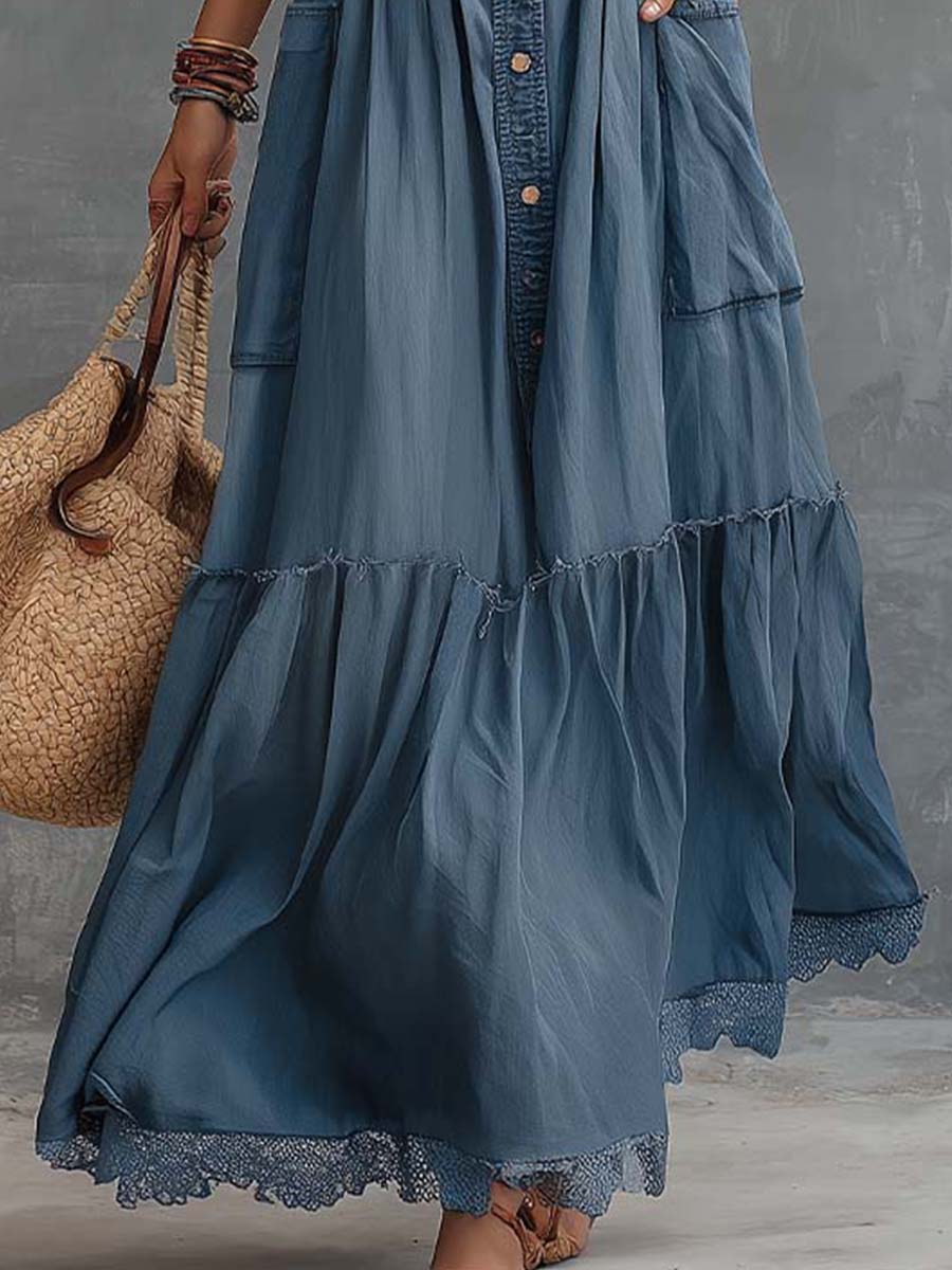 Tencel Denim Sleeveless Button-down Long Dress