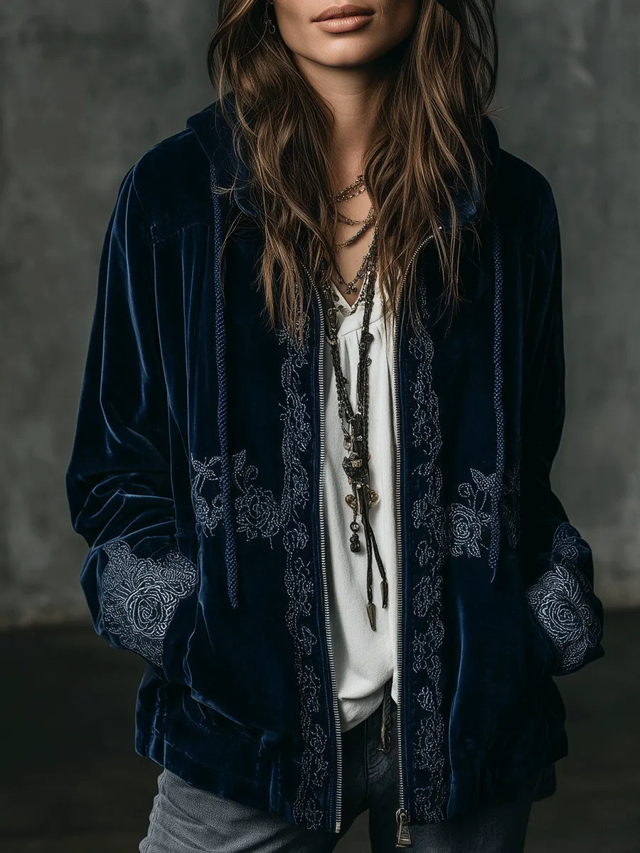 Boho Navy Blue Embroidered Velvet Hooded Jacket