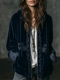 Boho Navy Blue Embroidered Velvet Hooded Jacket