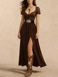 Perfect for Ranch Photoshoots or Outdoor Weddings — Caramel Brown Deep V-Neck Lace & Chiffon High-Slit Premium Fabric Boho Chic Maxi Dress