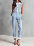 Boho Casual Collared Blue Pinstripe Sleeveless Bloue And Pants Sey