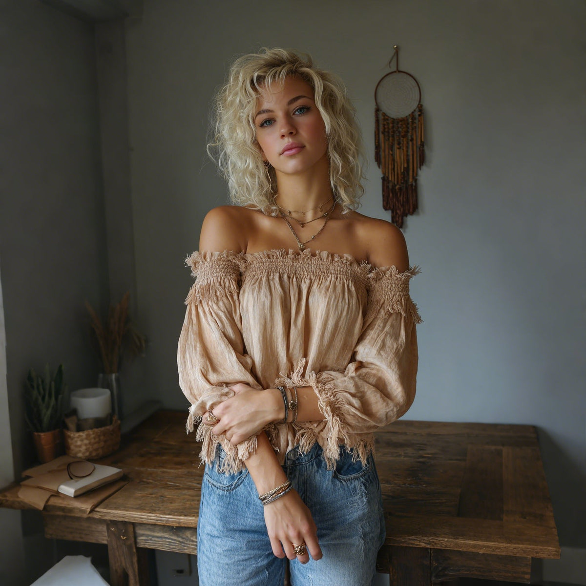 Women's Elegant, Loose-fitting, Comfortable, Breathable Off-the-shoulder Linen Cropped Top With Frayed Edges