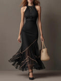 Black Ruffle Halter Button Contrast Trim Mesh Mermaid Maxi Dress