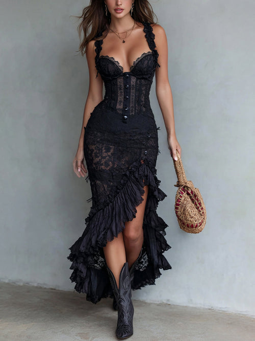 Lace S h Dress With Ruffled Hem And Corset Detailing - Black Gothic Midi Dress For Women