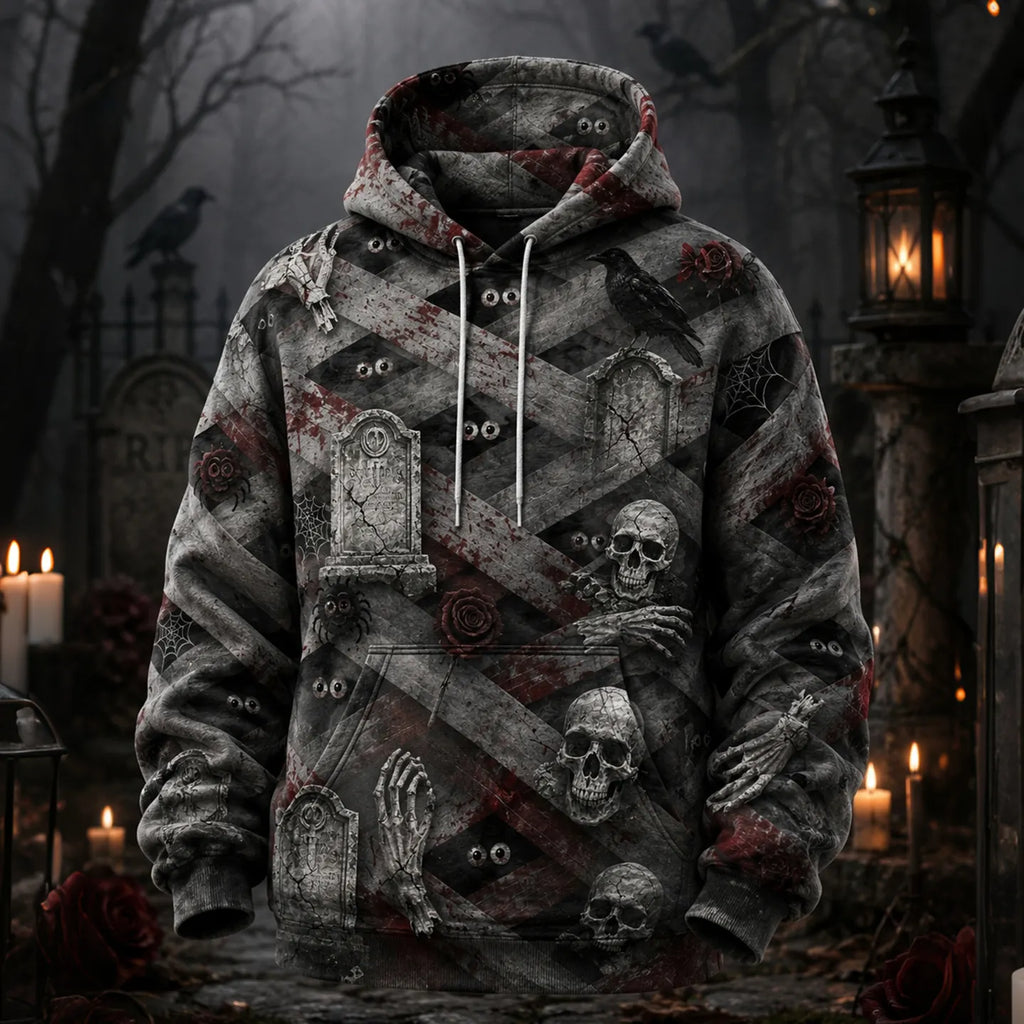 Men's Vintage Halloween Bandaged Skull Art Print Casual Hoodie