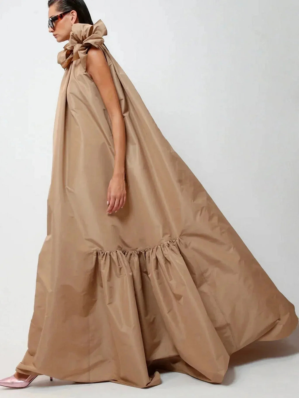 Long Taffeta Maxi Dress with Bows