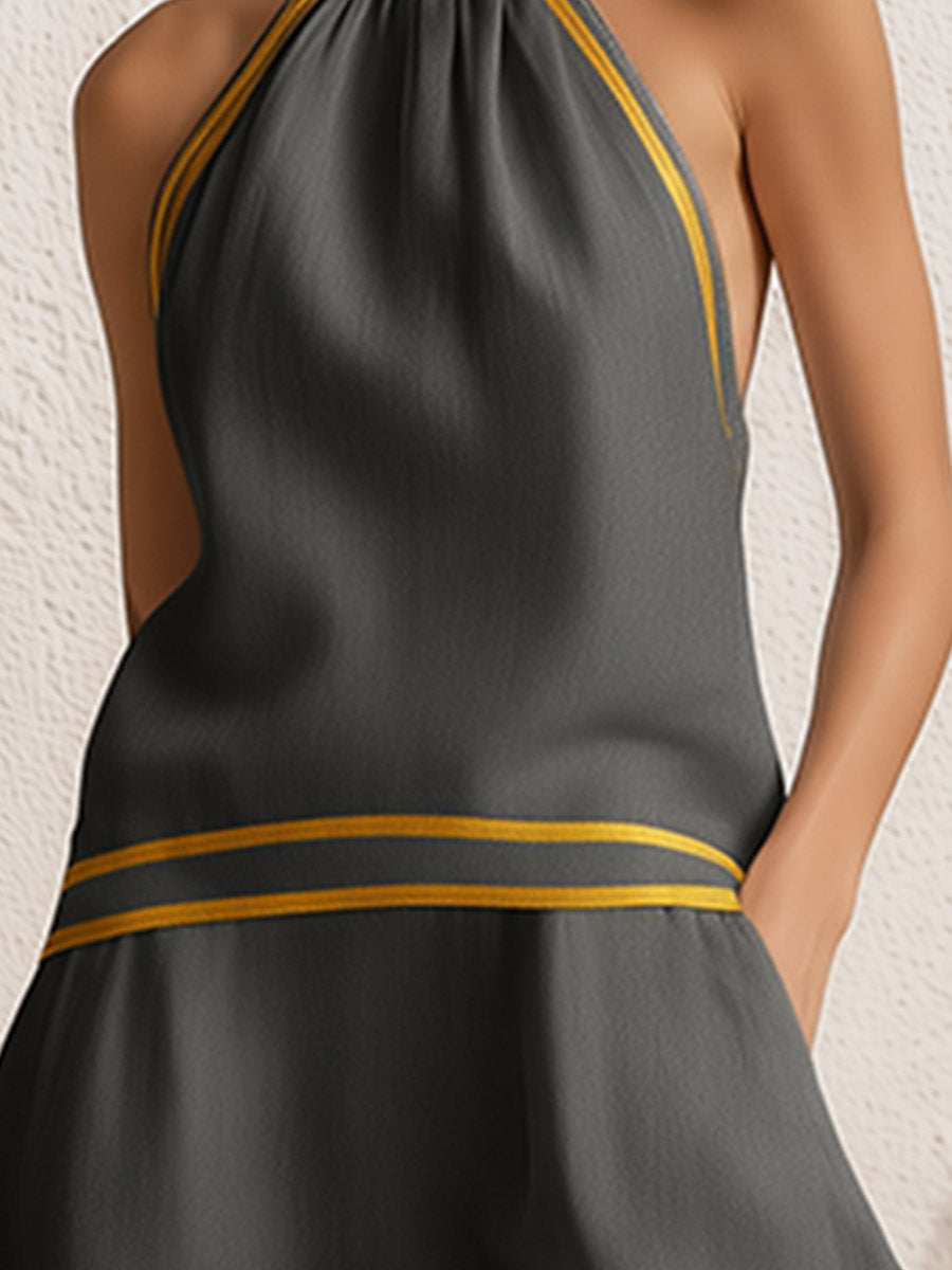 Elegant Color-Block Trim Orange Cotton-Linen Halter Sleeveless Mini Dress