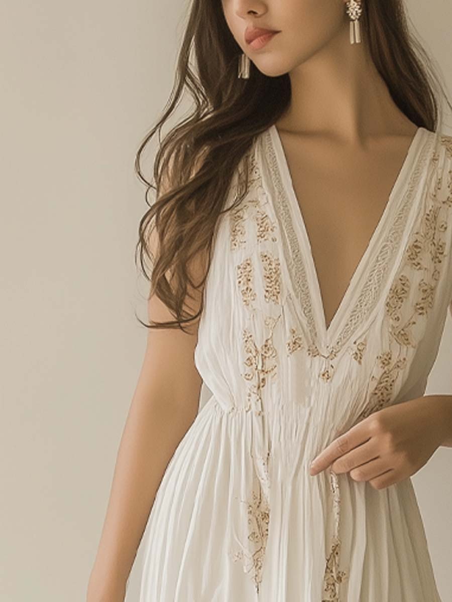Bohemian Embroidered Sleeveless Chiffon Maxi Dress