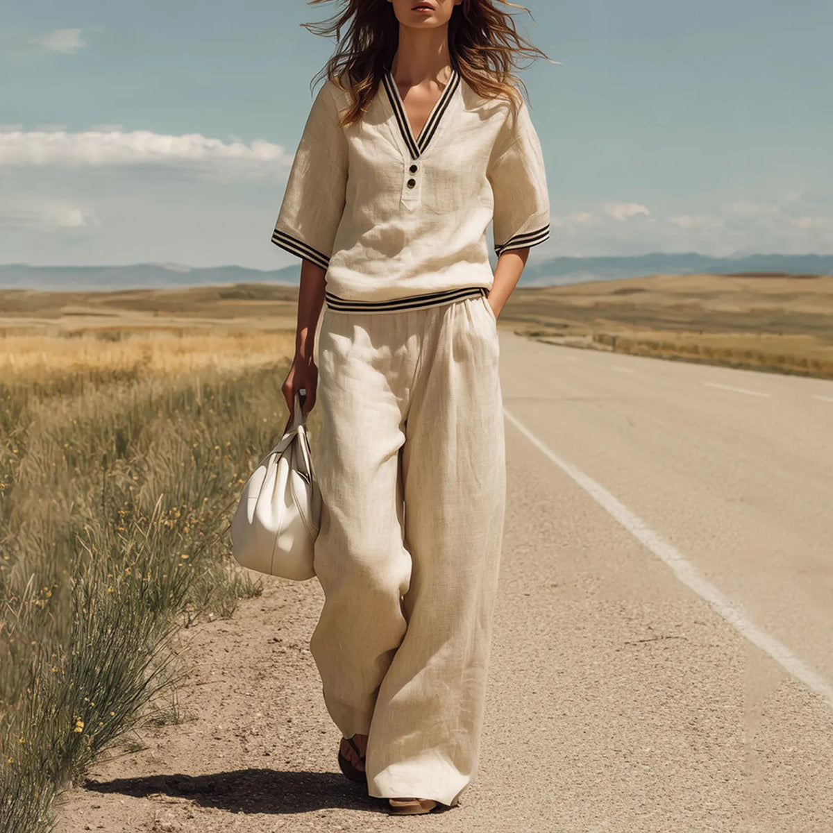 Casual Vintage-inspired Striped Apricot Cotton-linen Blend Short-sleeved Shirt And Wide-leg Trousers Ensemble