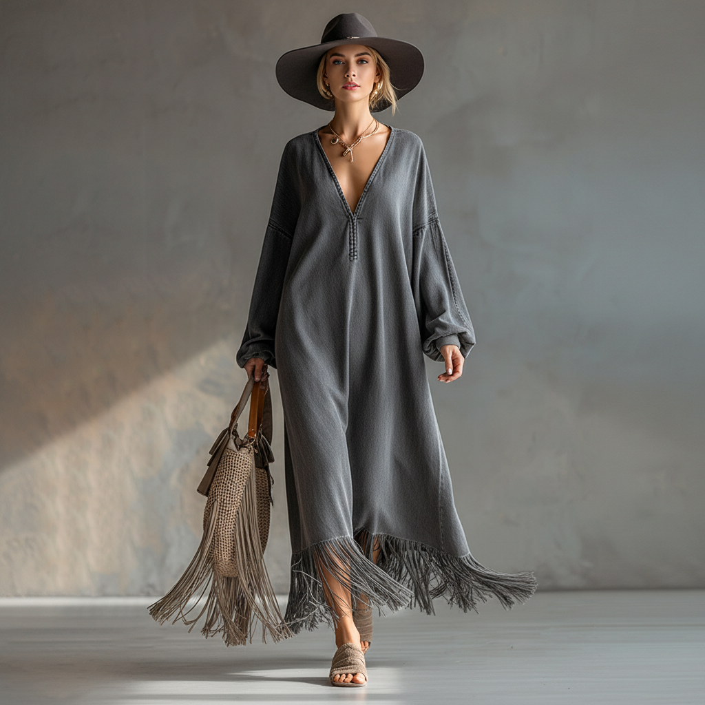 Retro Elegant Silhouette Gray Denim Fringe Long-Sleeved Maxi Dress