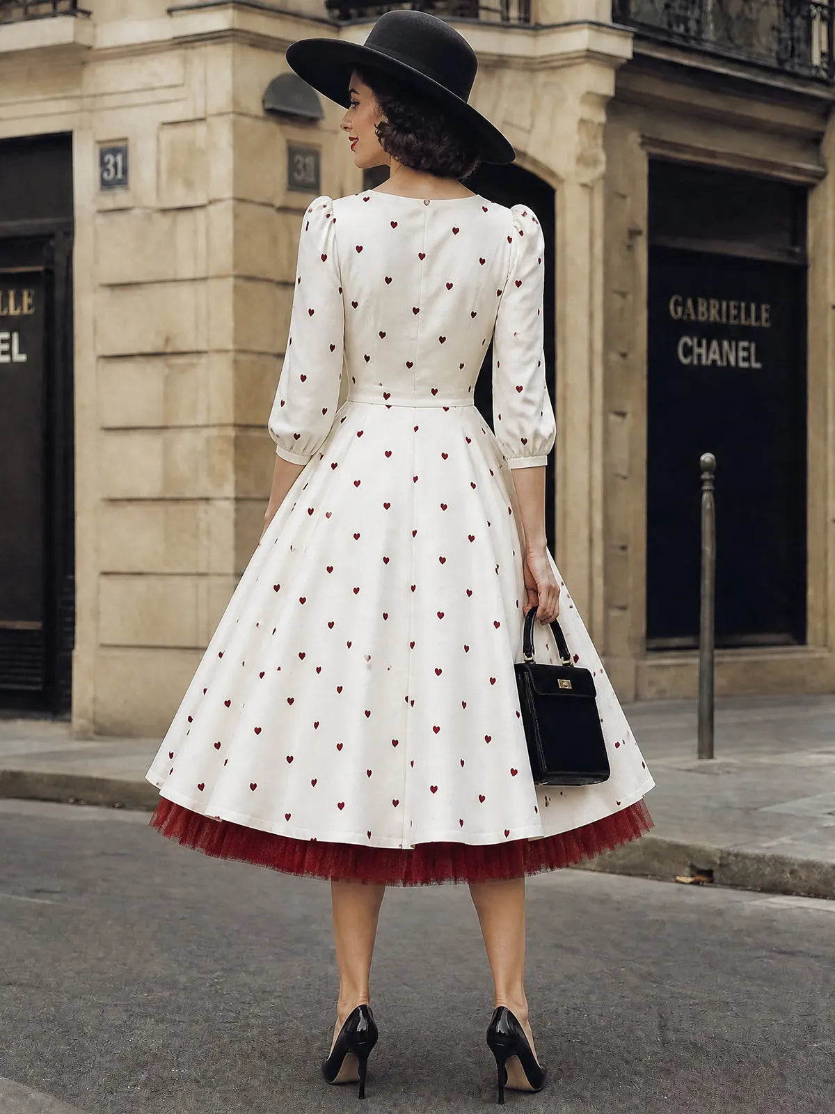 Vintage Ivory Heart-Print Scoop-Neck A-Line Midi Dress