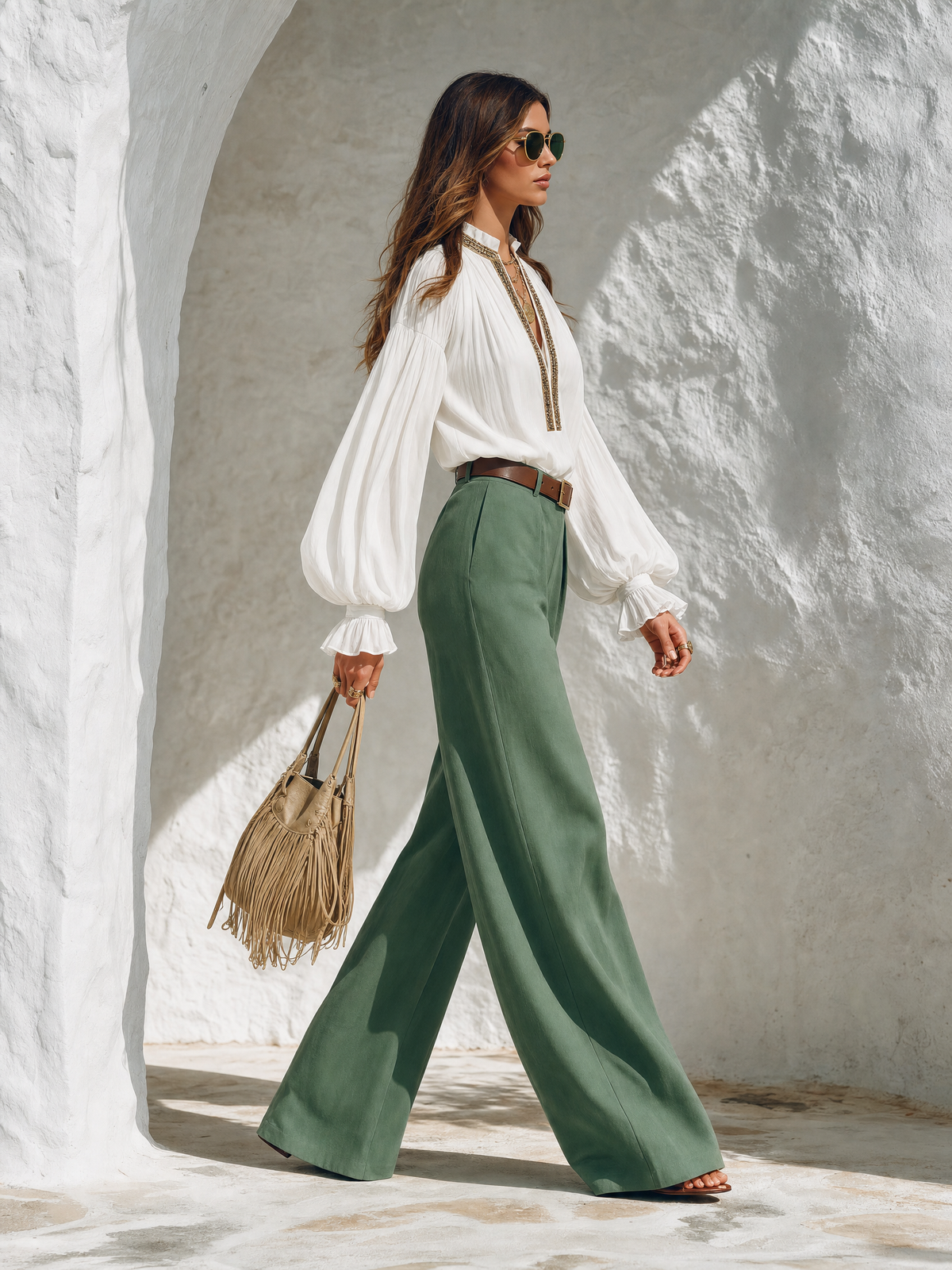Resort-style V-neck Lantern-sleeve Top And Trousers Set